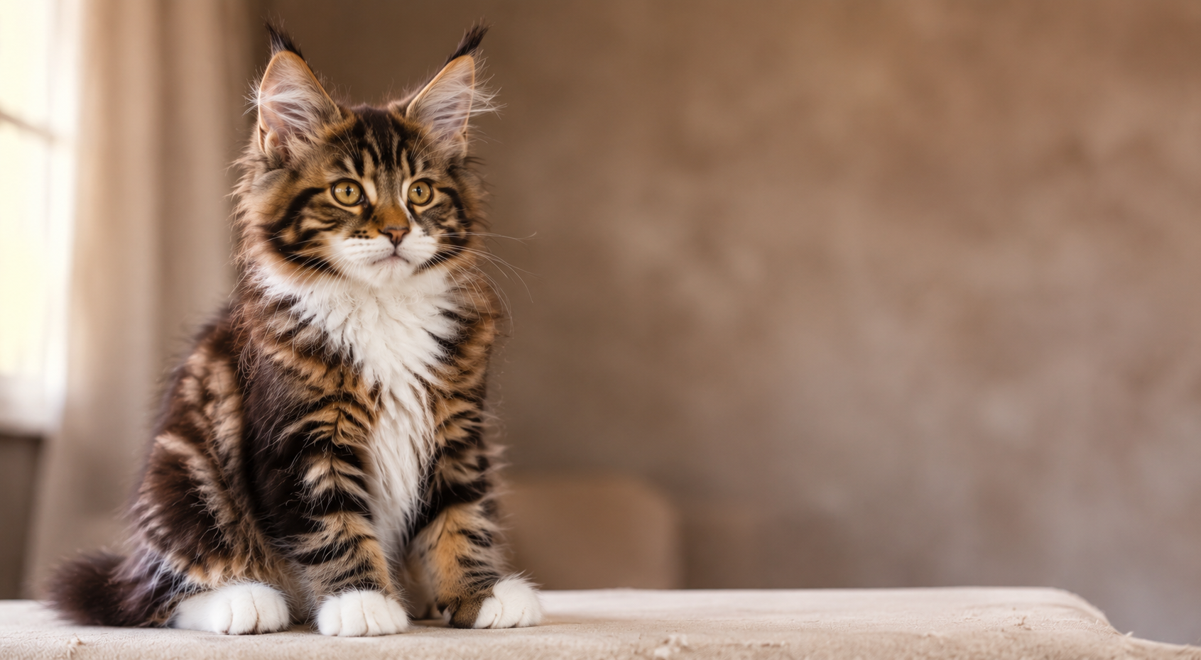 Brown Classic Tabby Maine Coon kitten with white chest markings and white paws sitting in soft natural light with warm background bokeh.
