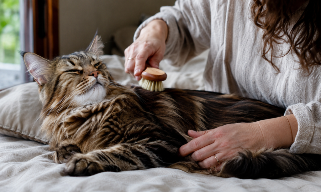 Woman gently brushing a relaxed brown classic tabby Maine Coon cat on cream linen bedding in warm natural window light