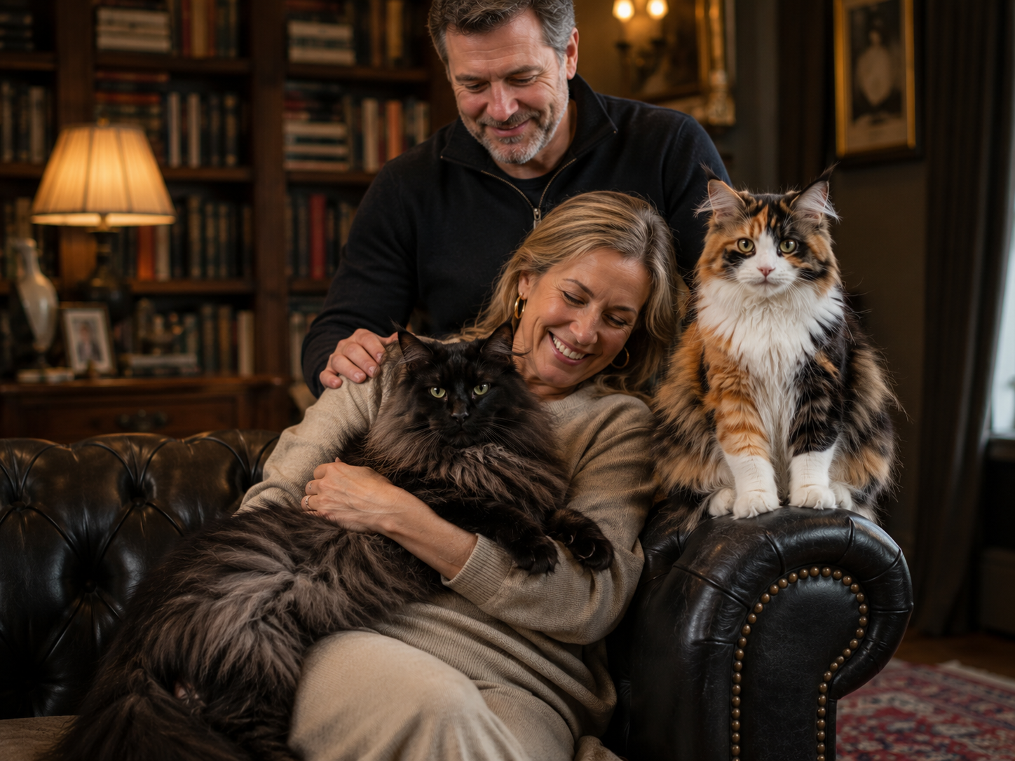 Elegant couple with black smoke and calico giant Maine Coon cats in a luxury home library
