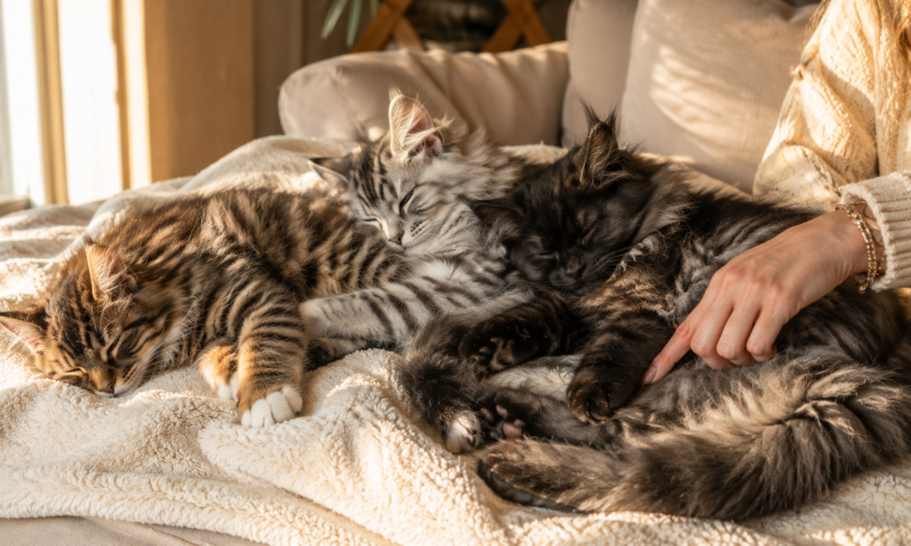 Three sleeping giant Maine Coon kittens cuddled together on a cream blanket in warm afternoon sunlight
