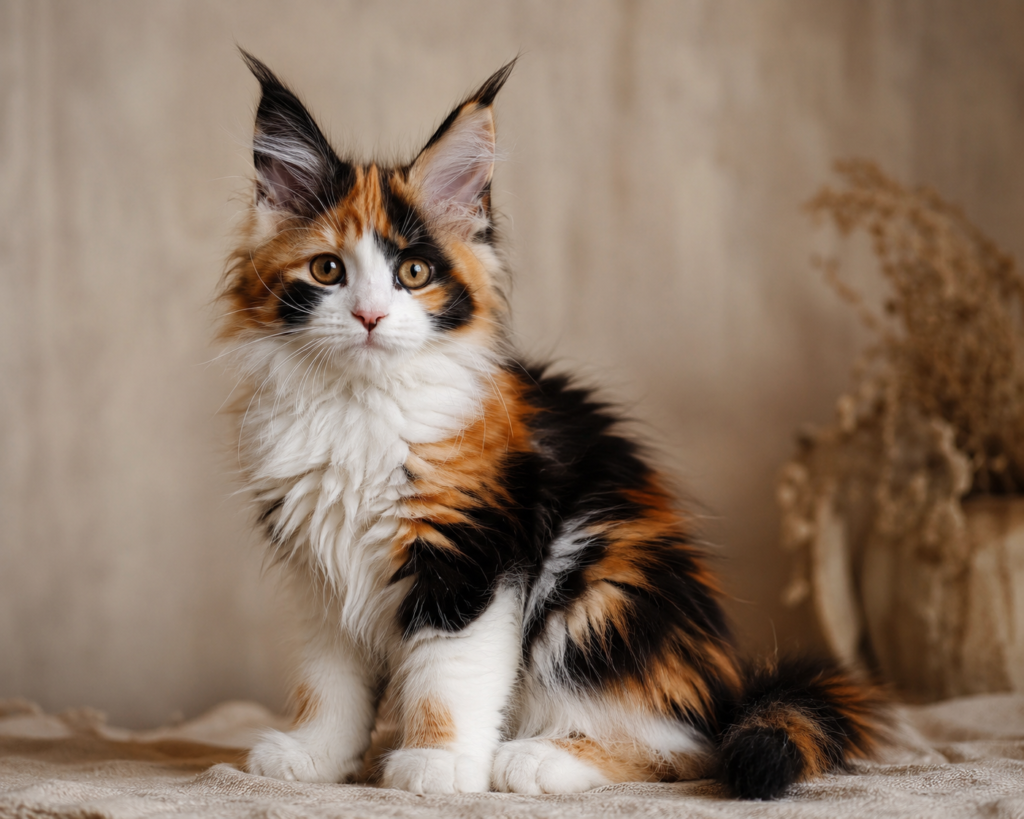Calico giant Maine Coon kitten with black, orange, and white fur sitting on a cream linen surface in soft natural lighting