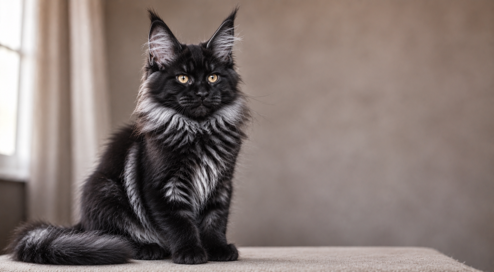 Black Smoke Maine Coon kitten with silver undercoat, amber-gold eyes, lynx ear tufts, and fluffy black tail sitting in soft natural light.