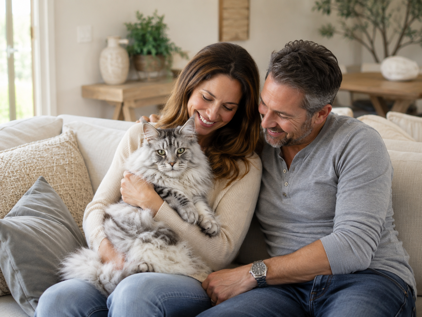 Happy couple cuddling a silver tabby giant Maine Coon cat in a luxury neutral-toned living room