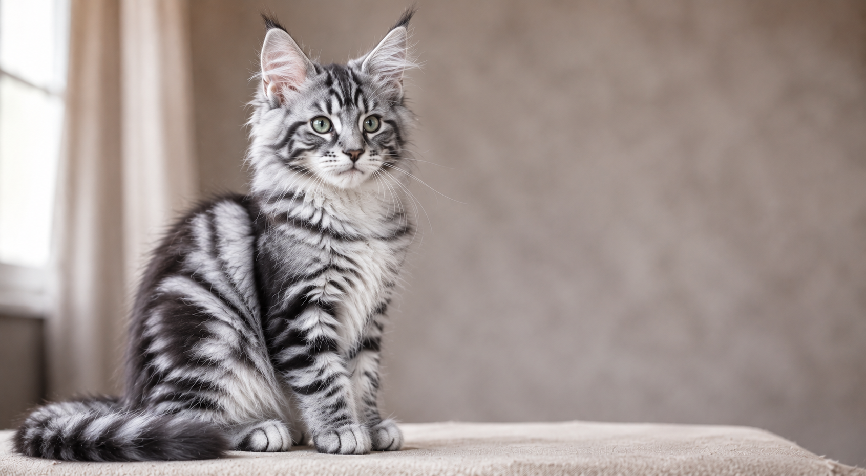 Silver Classic Tabby Maine Coon kitten with bold black markings, green eyes, lynx ear tufts, and fluffy ringed tail sitting in soft natural light.