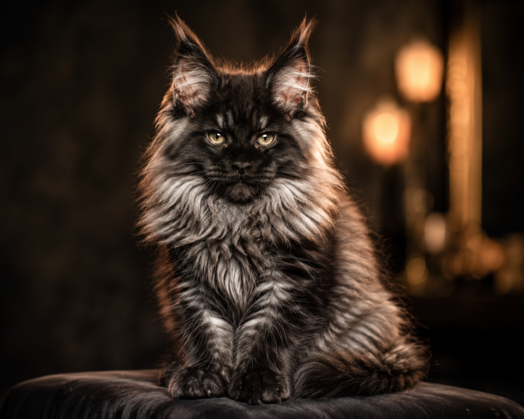 Black Smoke Giant Maine Coon kitten sitting regally with fluffy silver-tipped fur, amber-green eyes, and prominent ear tufts in luxury studio lighting.