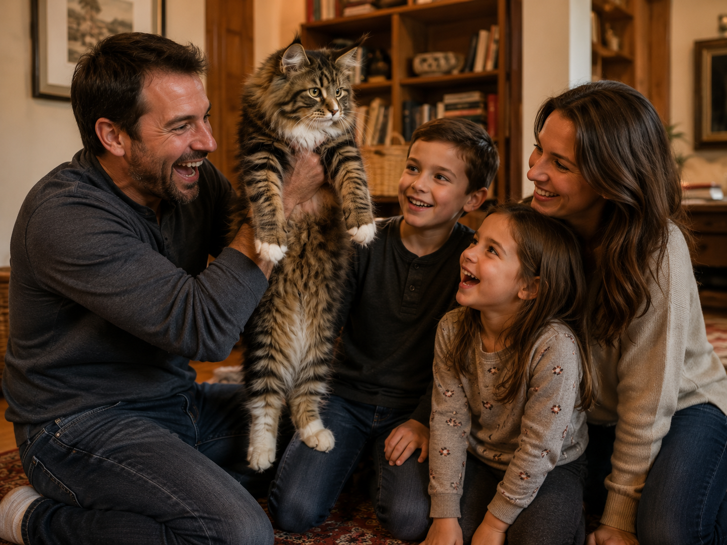 Happy family playing with a fluffy brown tabby giant Maine Coon kitten in a cozy living room